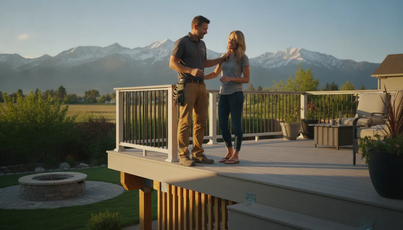 Composite deck builder reviewing a completed deck with a homeowner