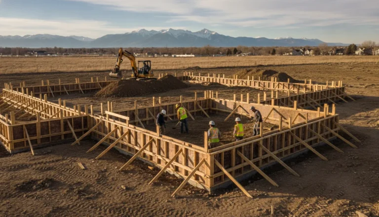 Concrete foundation crew preparing a Denver Metro Area building site