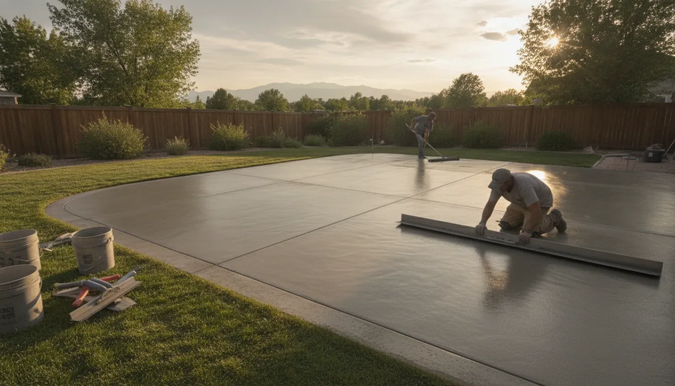 Contractor finishing a freshly poured concrete patio in a Denver backyard