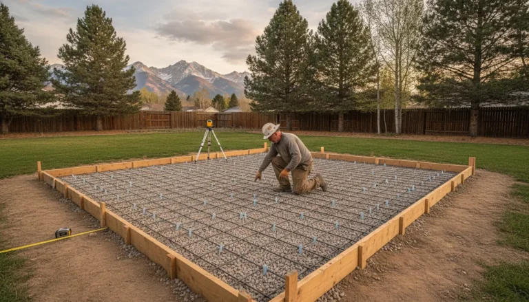 Concrete contractor preparing a shed foundation in a Denver Metro Area backyard