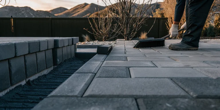 Landscaper laying concrete pavers beside a stamped concrete patio in a Denver backyard