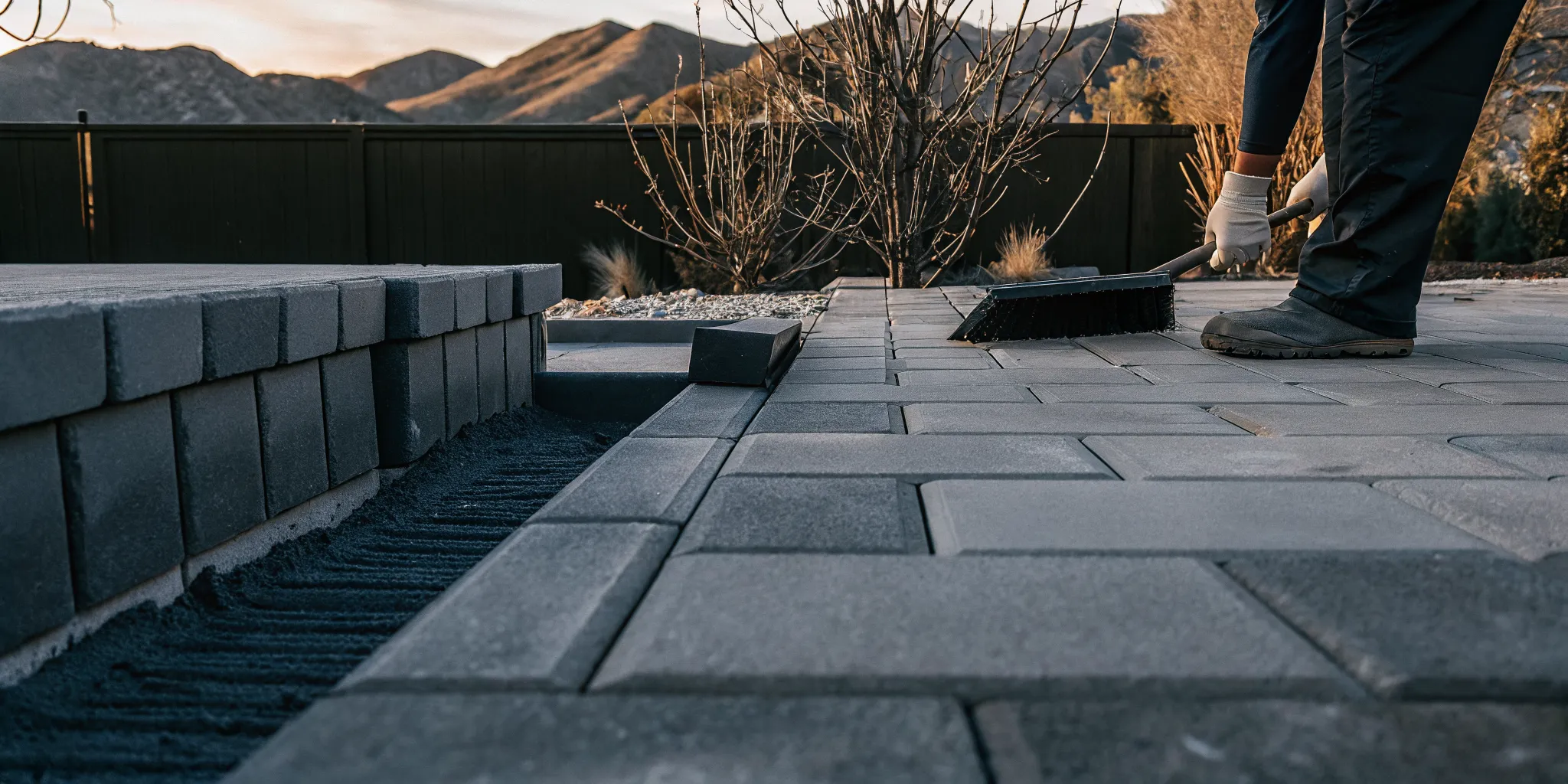 Landscaper laying concrete pavers beside a stamped concrete patio in a Denver backyard