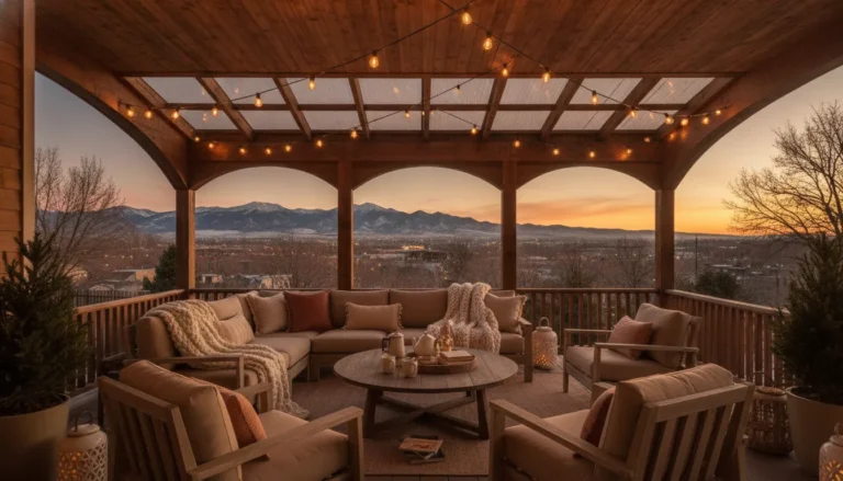 Covered back porch with warm string lights and comfortable seating