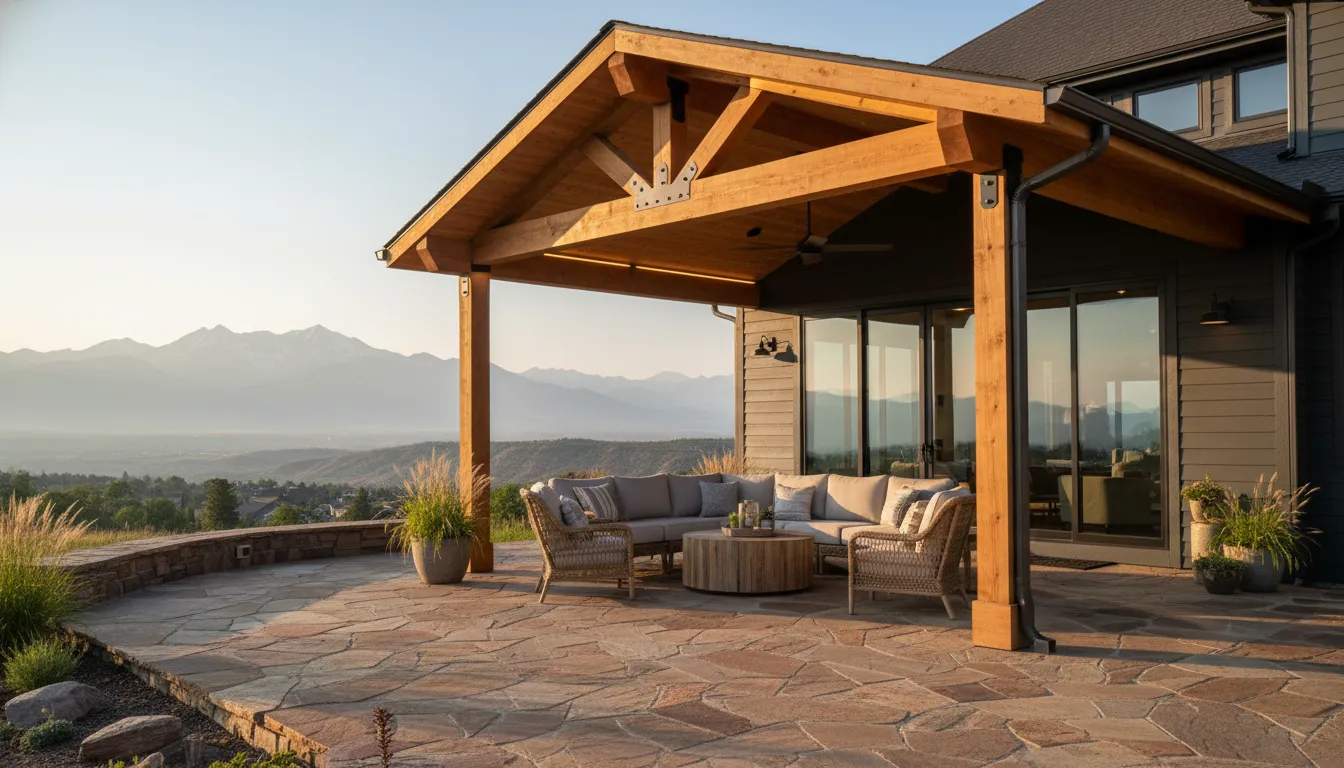 Covered patio ideas Colorado backyard with roof and stone patio