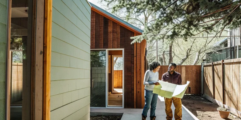 Homeowner and contractor reviewing plans for a home addition and backyard ADU in Denver