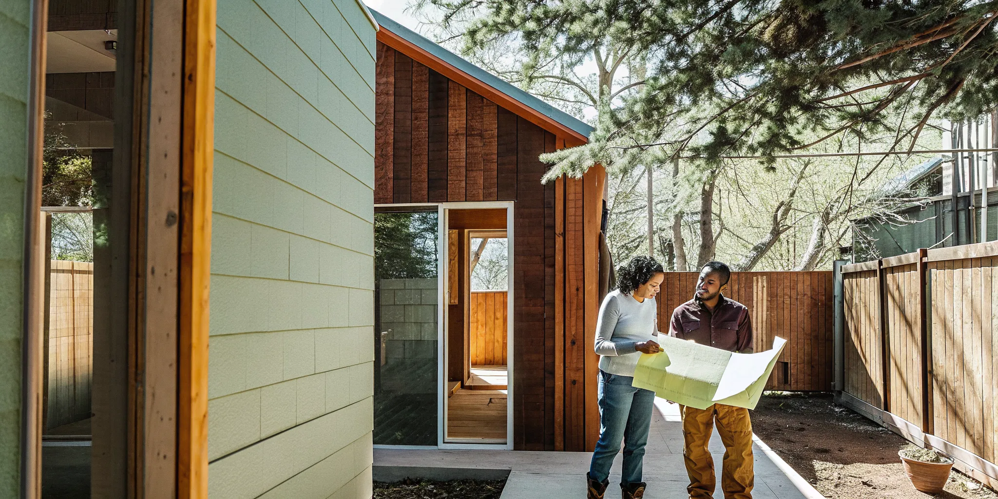 Homeowner and contractor reviewing plans for a home addition and backyard ADU in Denver