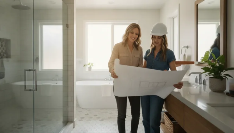 Bathroom remodel company reviewing a Denver Metro renovation with a homeowner
