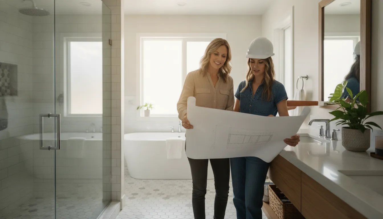 Bathroom remodel company reviewing a Denver Metro renovation with a homeowner