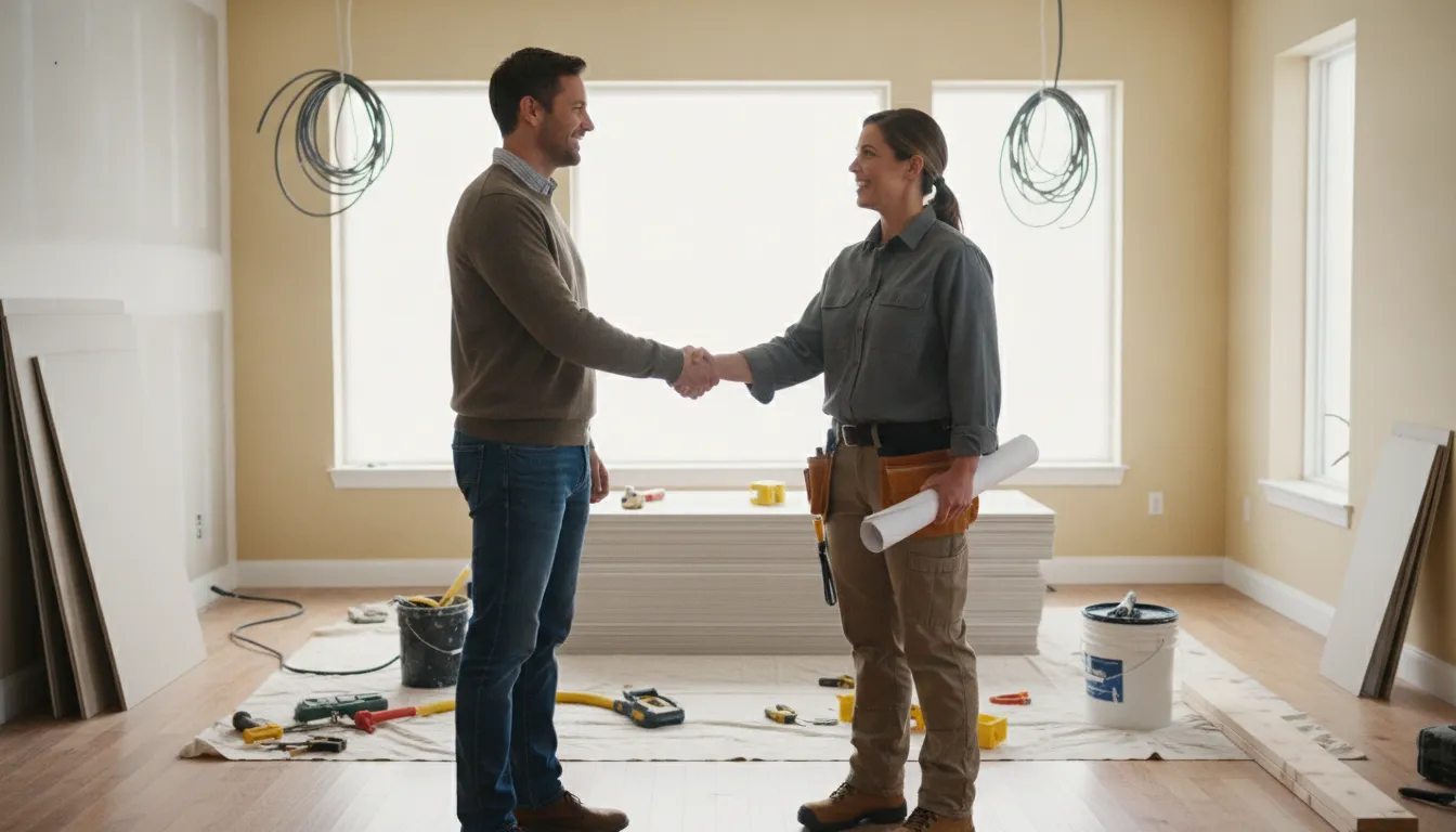 Homeowner and a contractor shaking hands during a home improvement project walkthrough