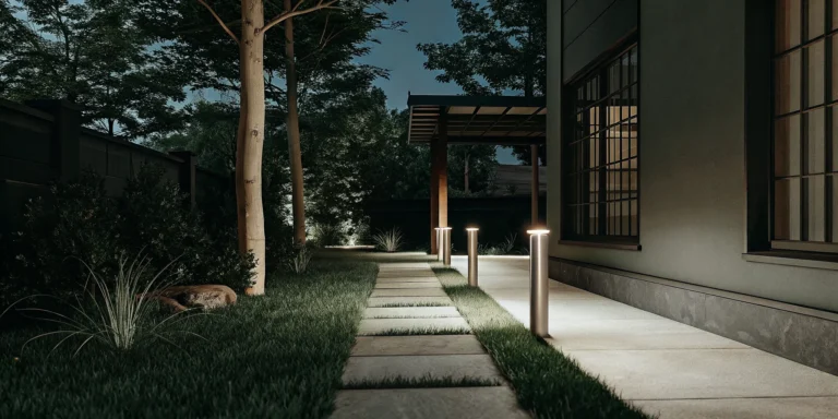 Landscape lighting illuminating a Denver backyard walkway and trees at dusk