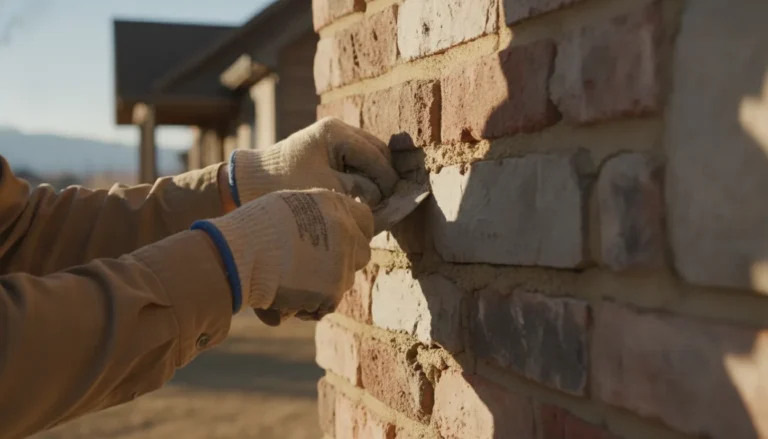 Masonry contractor repairing a brick and stone wall