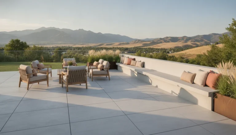 Modern concrete patio with seating and landscaping in a Denver Metro Area backyard