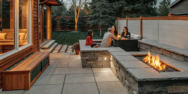 Family gathered around a stone gas fire pit in a Denver backyard at dusk