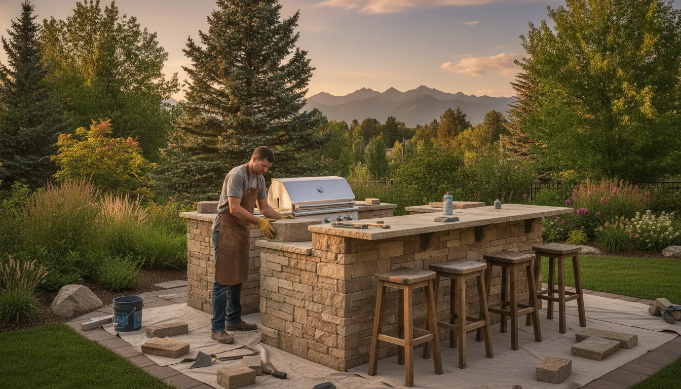 Custom stone outdoor kitchen with grill and bar seating being installed in a Denver backyard