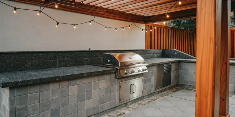 Outdoor kitchen counter with stainless steel grill under a covered Denver patio