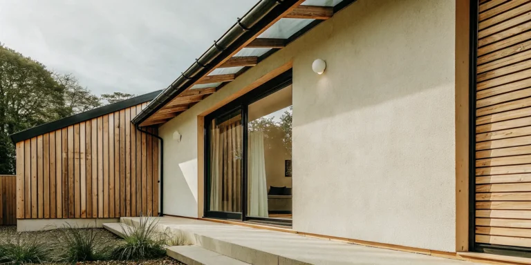 A modern home built by passive house builders, featuring large windows and wood cladding.