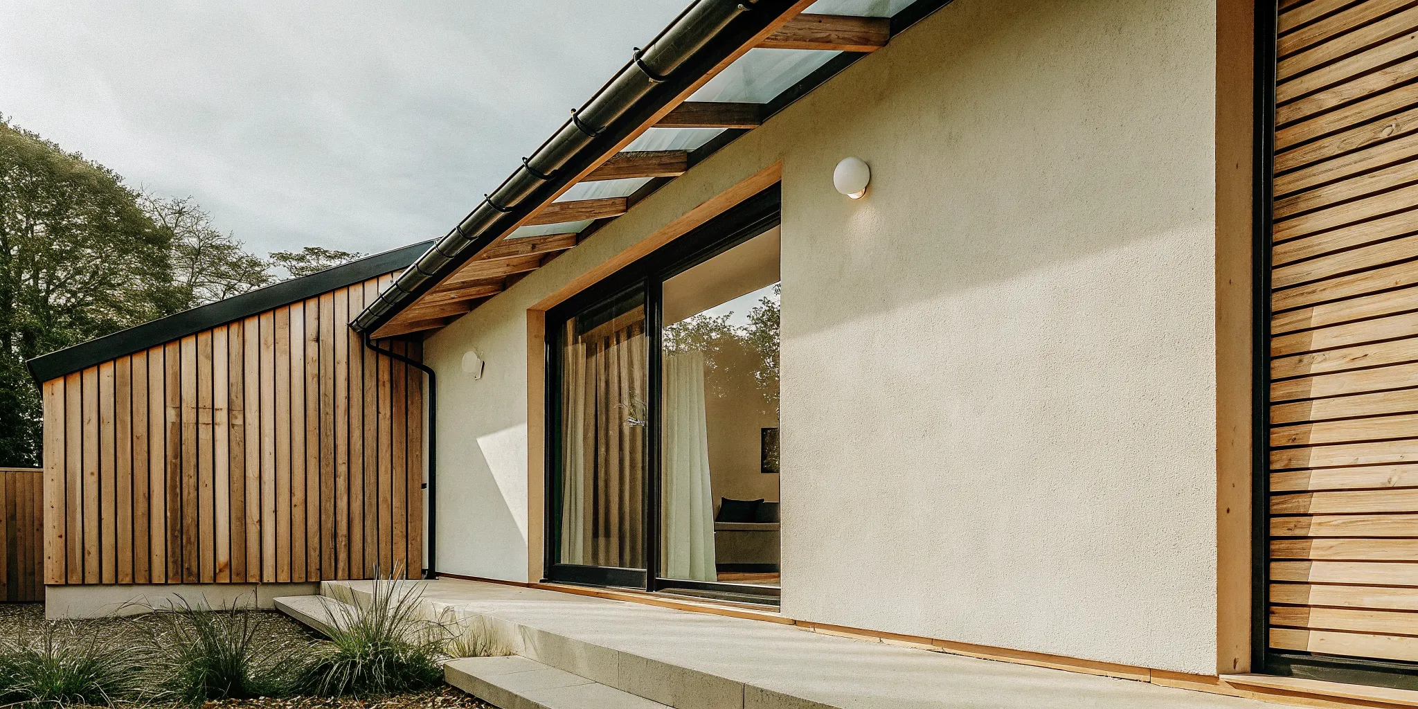 A modern home built by passive house builders, featuring large windows and wood cladding.