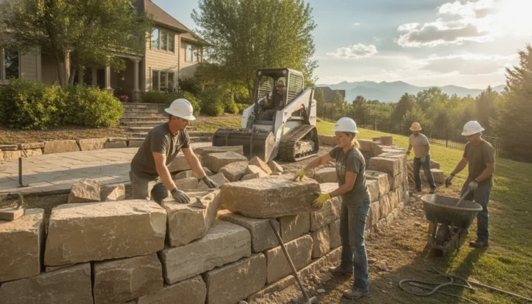 Contractors building a stone retaining wall on a sloped Denver yard