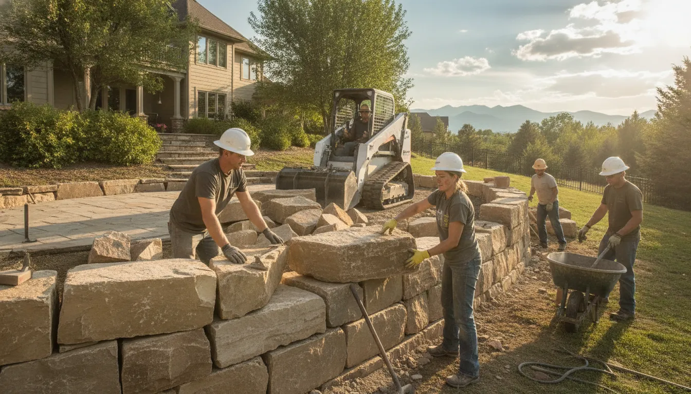 Contractors building a stone retaining wall on a sloped Denver yard