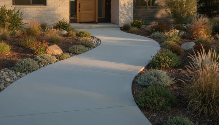 Simple concrete walkway leading through a landscaped Denver Metro Area yard