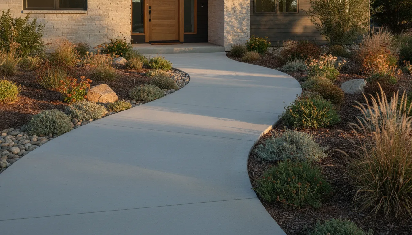 Simple concrete walkway leading through a landscaped Denver Metro Area yard