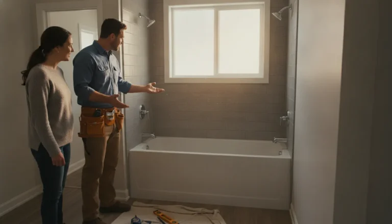Stylish small bathroom remodel with white subway tile, a compact vanity, and warm layered lighting