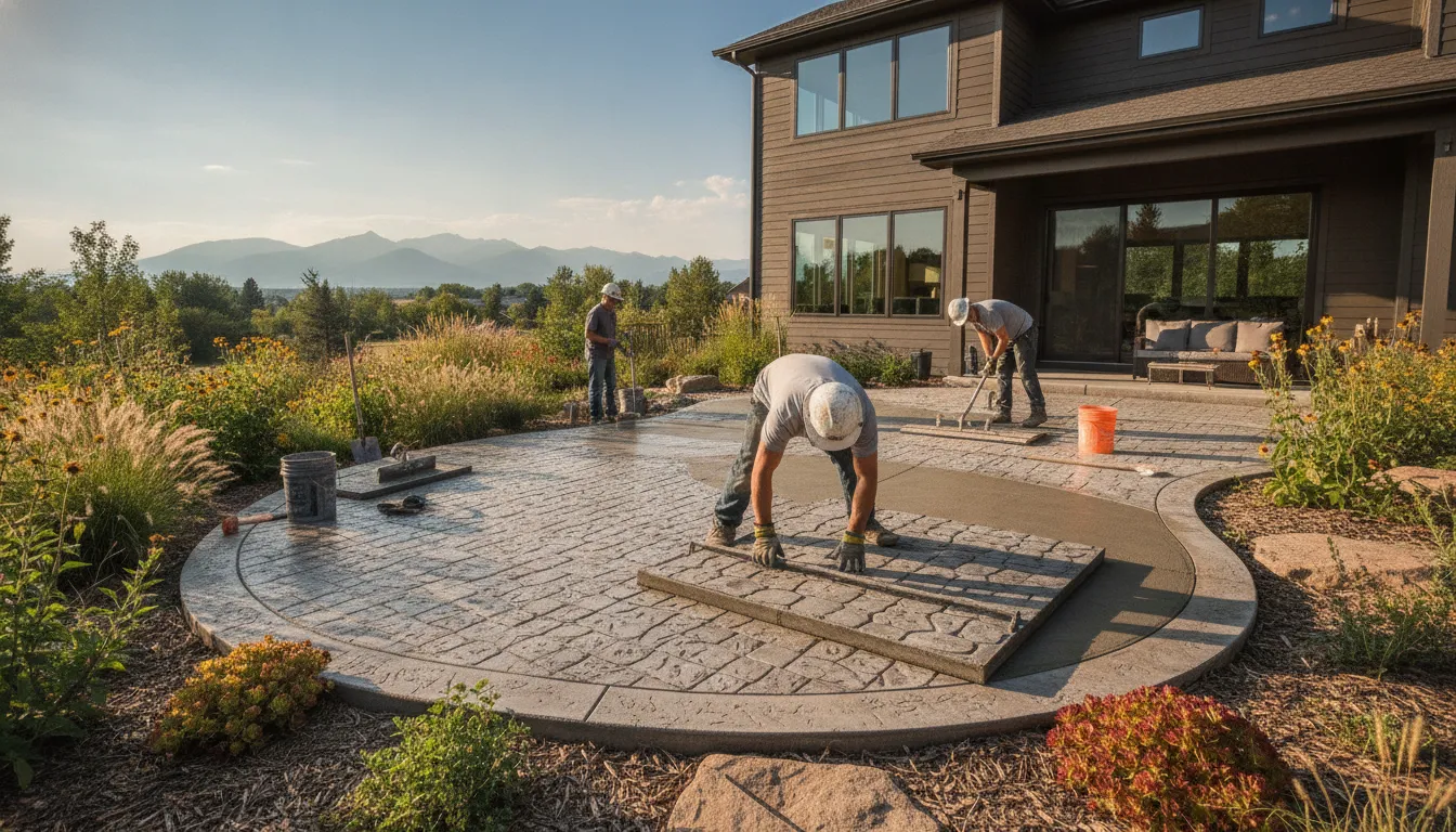 Stamped concrete patio being installed with texture stamps for a home in the Denver Metro Area