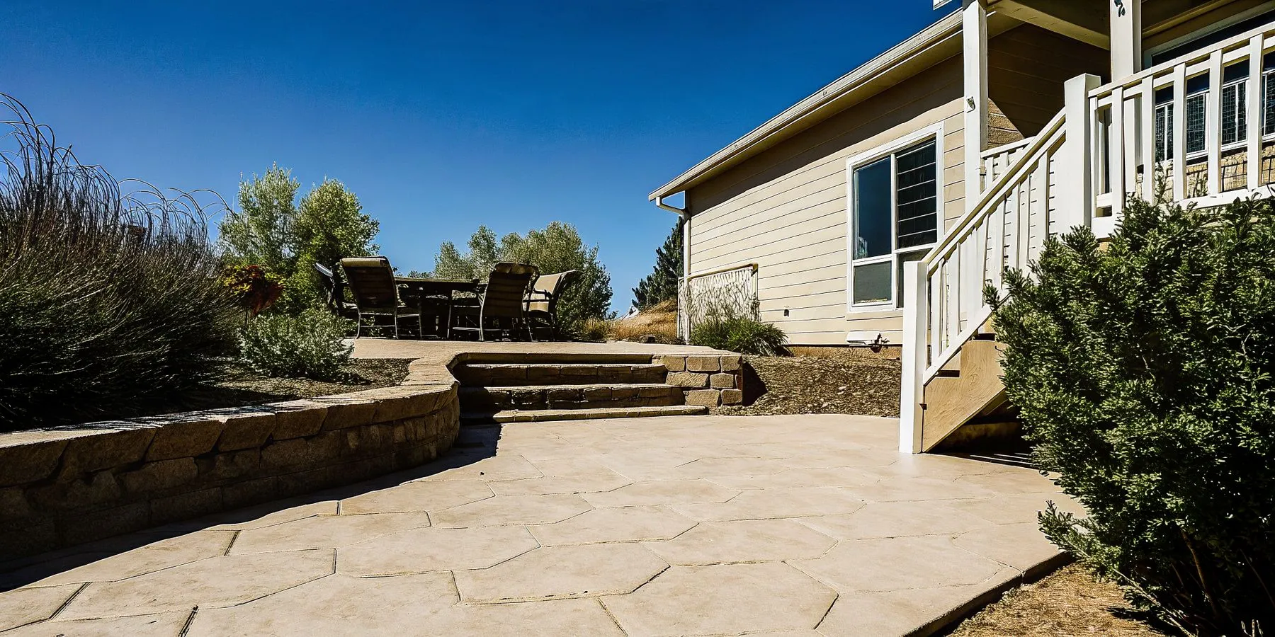 Residential stamped concrete patio in Denver with decorative stone patterns and outdoor furnishings