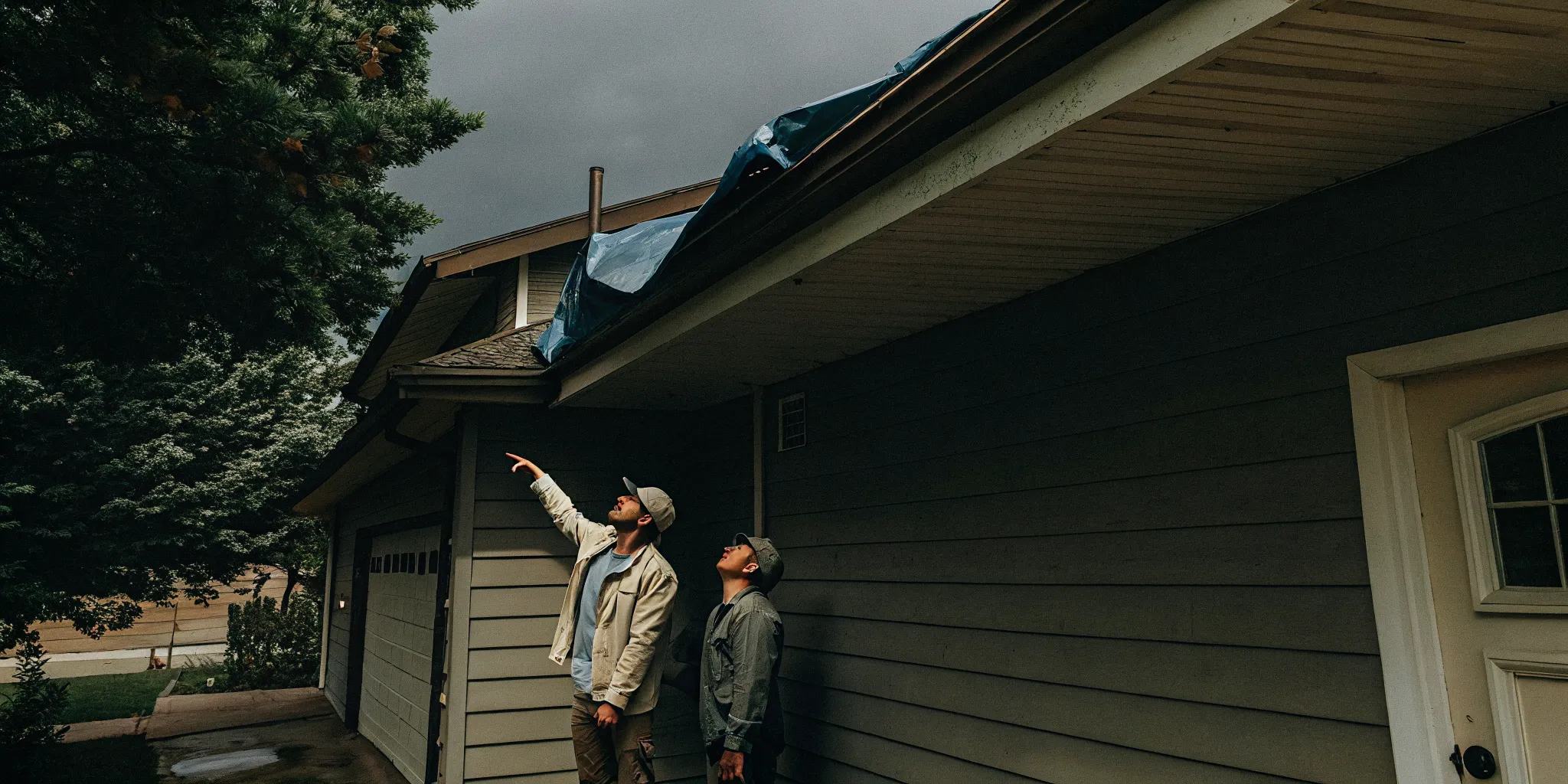 Contractor assessing hail and wind storm damage on a Denver home exterior