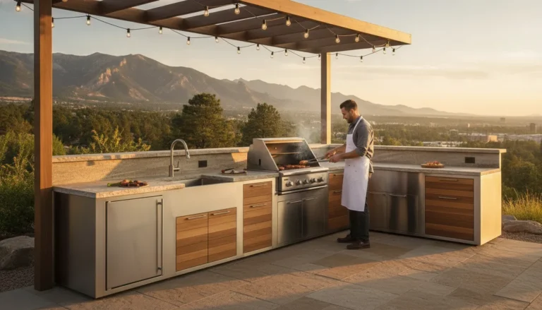 Weatherproof outdoor kitchen cabinets with stainless steel and teak finishes in a Denver backyard