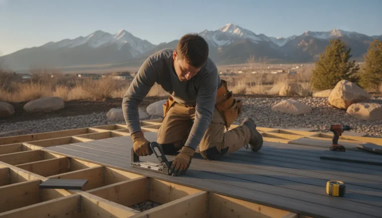 Craftsman installing gray composite deck boards on a new backyard deck in the Colorado foothills
