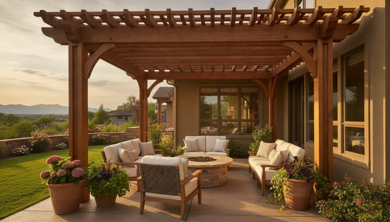 Attached wooden pergola with a slatted roof beside a modern Denver home in golden afternoon light