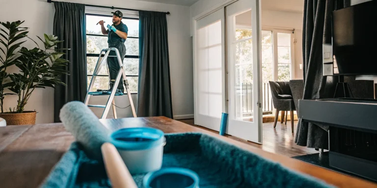 Residential painting contractor applying low VOC paint to an interior wall.