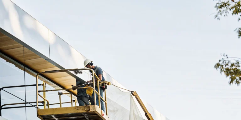 Commercial painters for shopping centers painting an exterior wall from a lift.