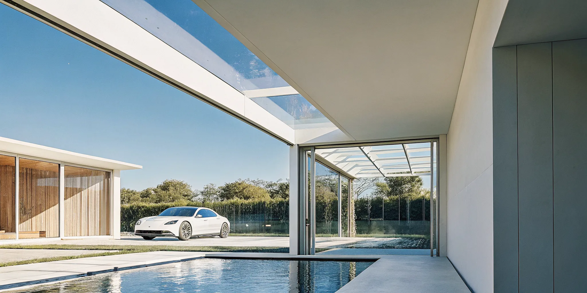 Tech-enabled luxury home with a modern design, floor-to-ceiling windows, and a pool.