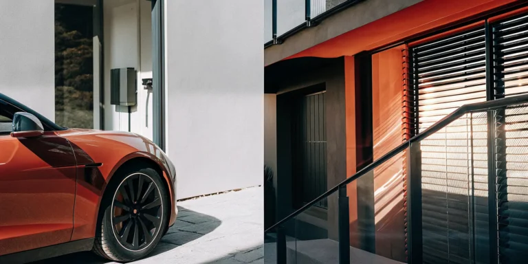 Modern automated custom home with a smart car charger and automated blinds.
