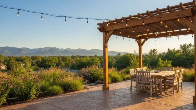Renovated Denver backyard with stamped concrete patio, pergola, and mountain views