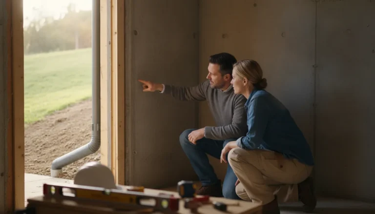 Homeowner and contractor reviewing Denver basement moisture and drainage conditions