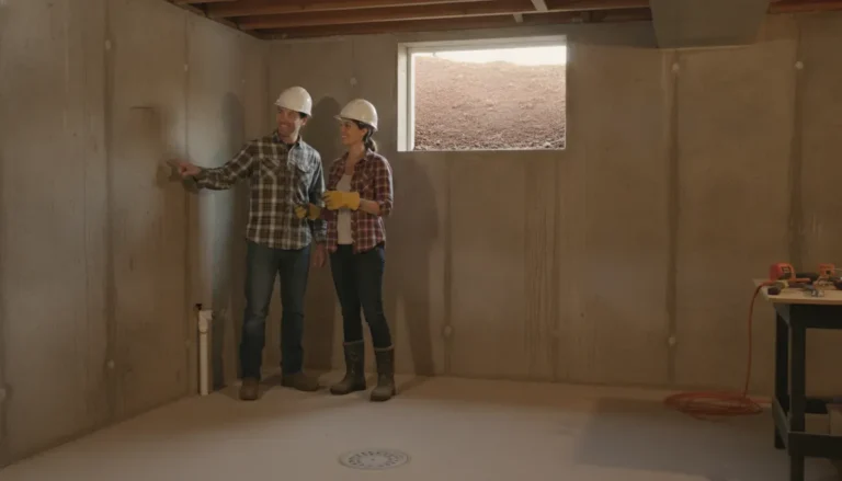 Homeowner and construction professional inspecting a concrete basement foundation wall