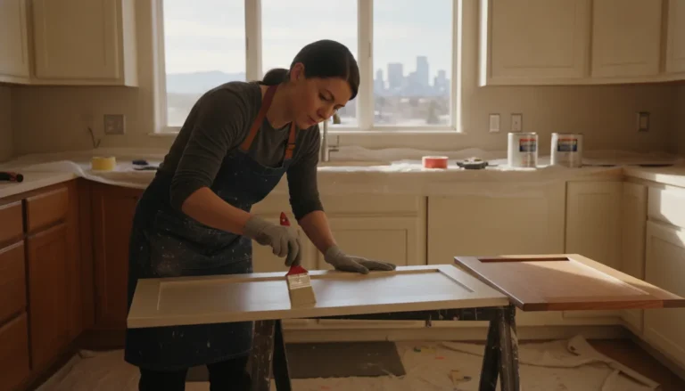 Craftsperson refinishing kitchen cabinets in a bright Denver Metro Area home