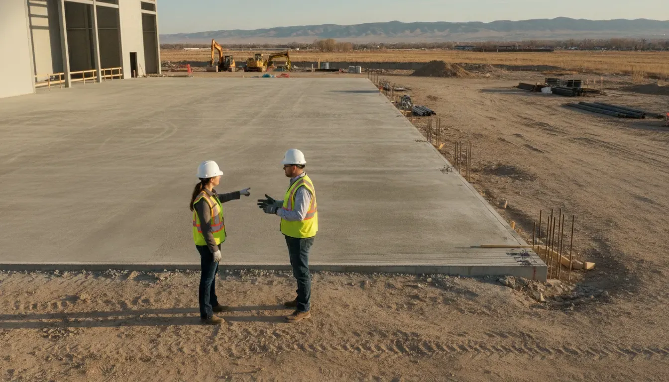 Commercial concrete planning Denver project with a site manager reviewing a new slab