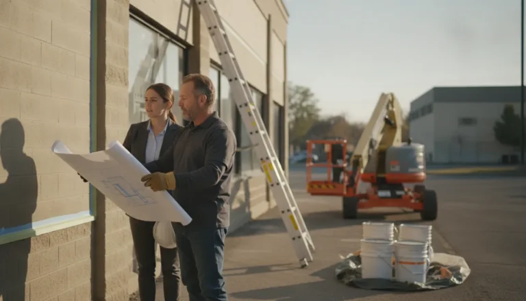 Denver Metro Area property owner reviewing an exterior project plan with a contractor