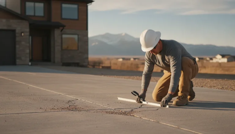Contractor evaluating cracks and settled areas on a Denver Metro Area concrete driveway