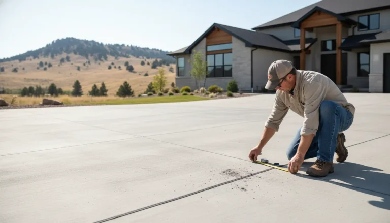 Contractor assessing concrete driveway resurfacing needs at a Denver Metro Area home