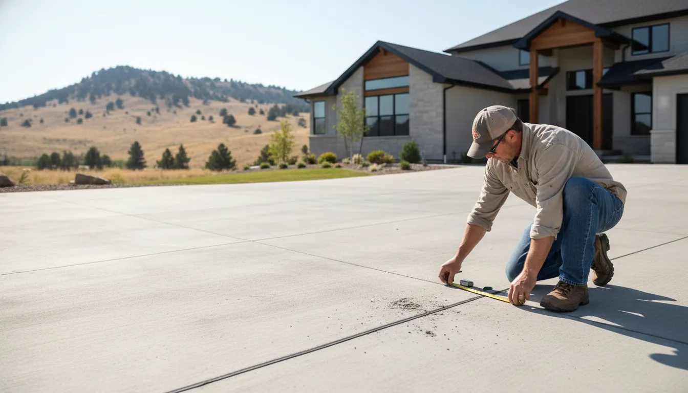 Contractor assessing concrete driveway resurfacing needs at a Denver Metro Area home