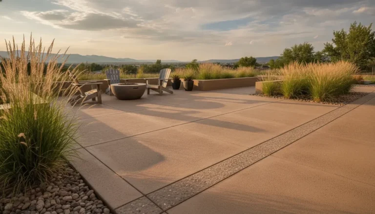 Concrete patio finish options shown in a Denver Metro Area outdoor living space