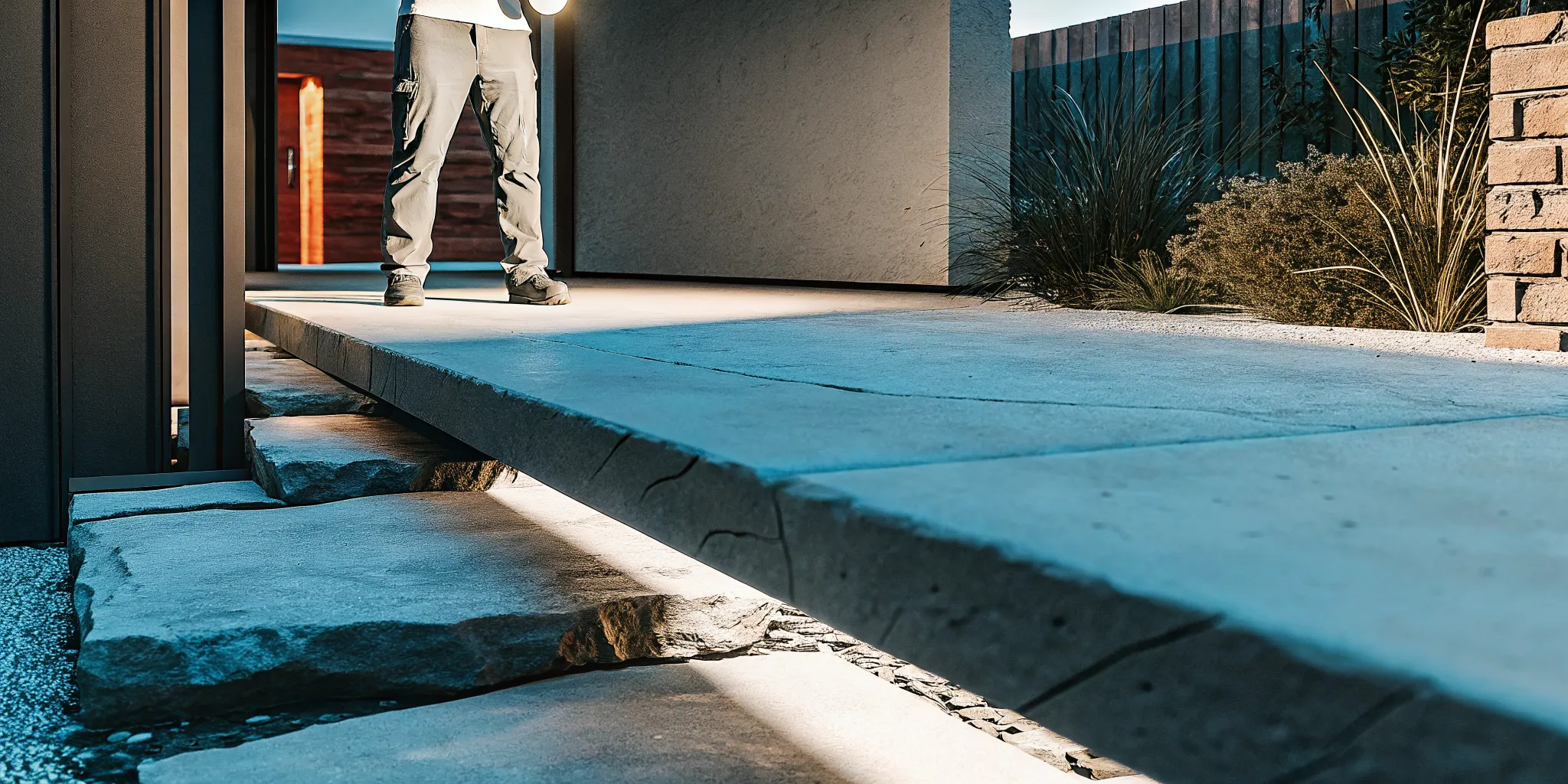 Contractor inspecting a cracked concrete walkway at a Denver Metro Area home