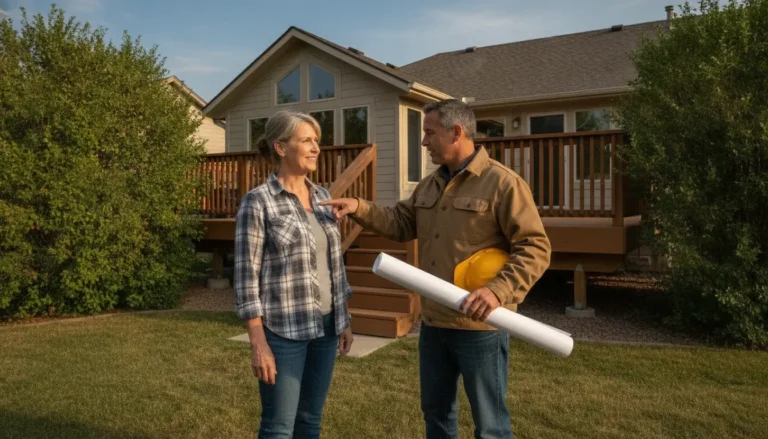 Denver Metro Area homeowner reviewing an elevated deck plan with a local contractor