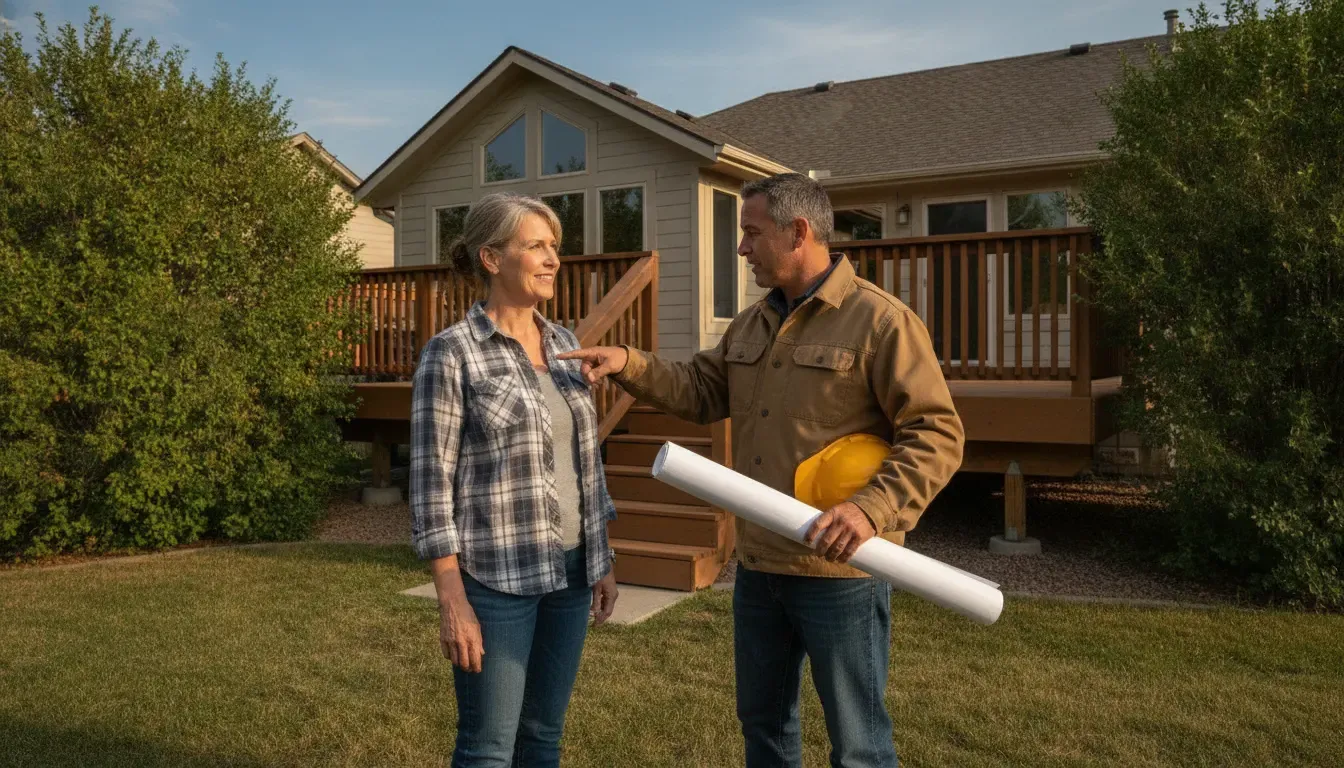 Denver Metro Area homeowner reviewing an elevated deck plan with a local contractor