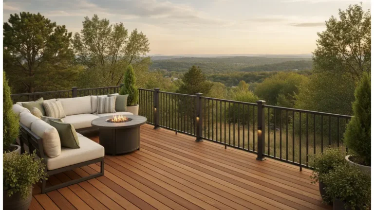 Deck railing ideas for outdoor living with wood and dark metal